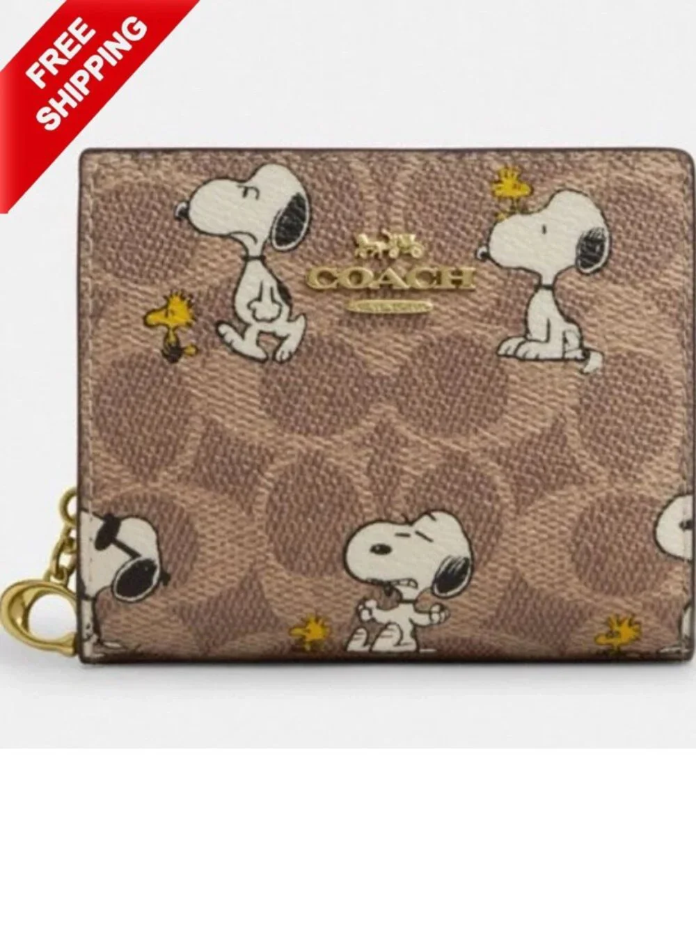 NWT Coach X Peanuts Snap Wallet In Signature Canvas With Snoopy Print CBN32 Tan